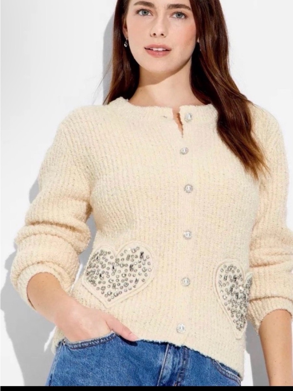 Katie K Cream Bouclé Cardigan with Beaded Heart Pockets